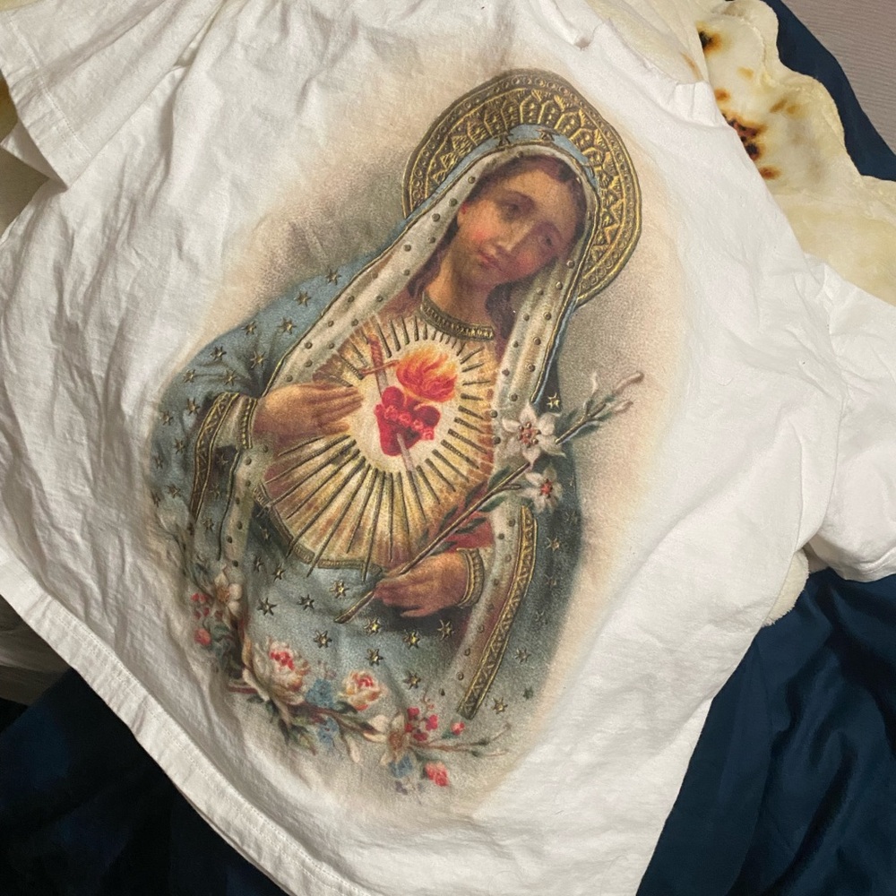 White T-Shirt with Religious Print